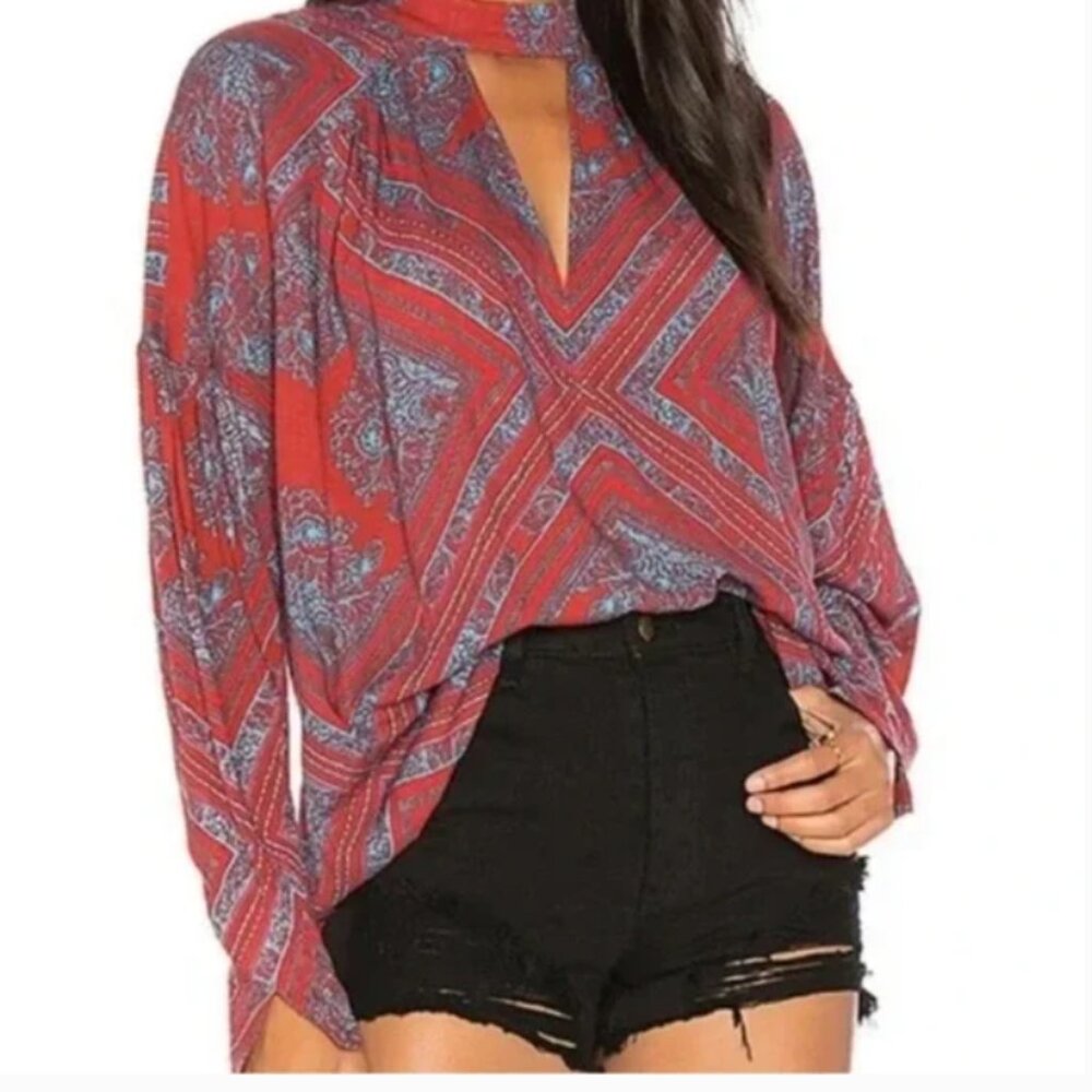 Free People Tunic Shirt Size Small Womens Red Blue Boho Casual Long Sleeve Top